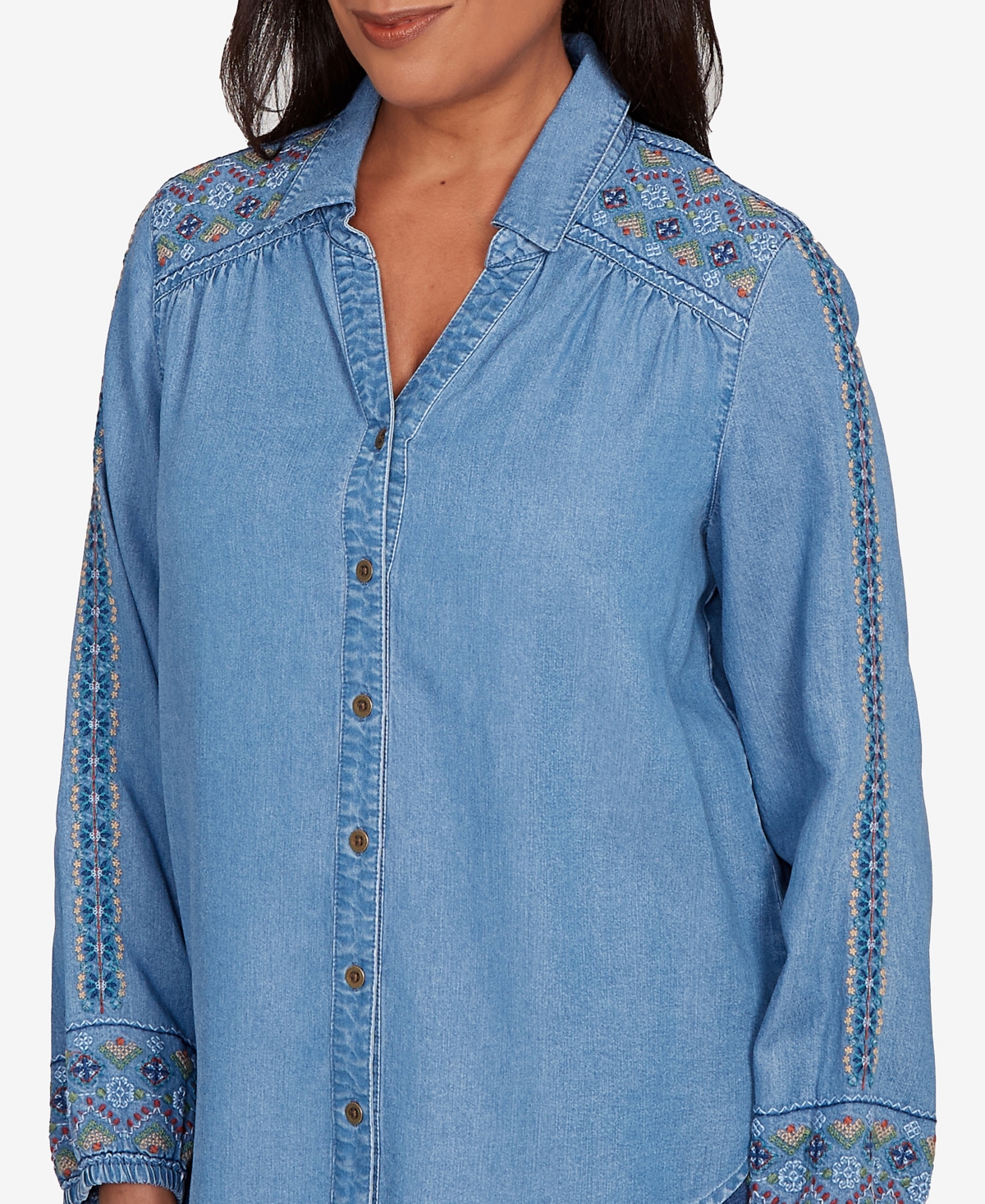 Alfred Dunner Sunset Canyon Needlepoint Embroidered Button Front Top In Blue