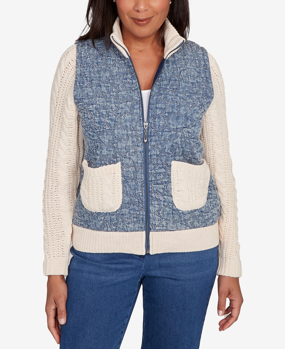 Alfred Dunner Sunset Canyon Sweater Ribbed Quilted Jacket In Blue