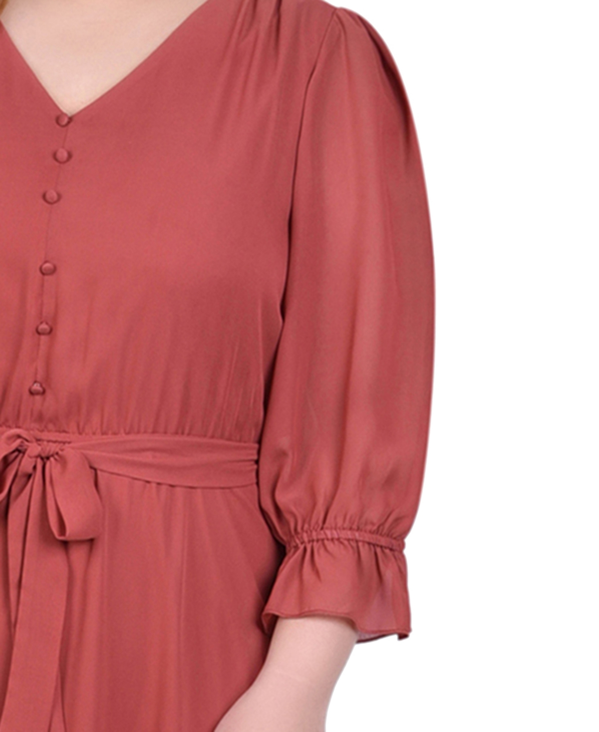 Ny Collection Plus Size Petite 3/4 Sleeve V-neck Flounced Dress In Red