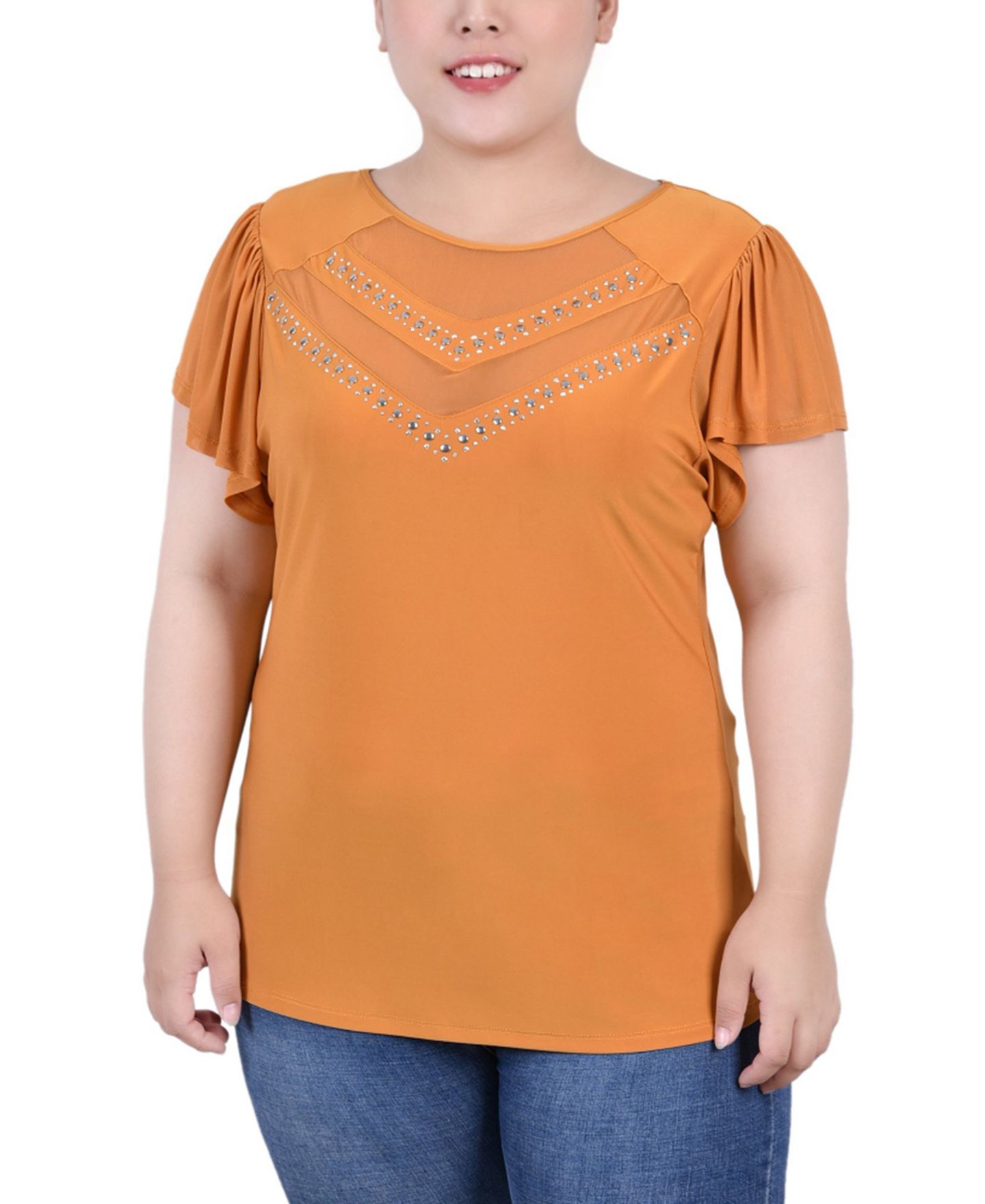 Женский топ NY Collection Plus Size Studded Short Flutter Sleeve, цвет: Золотой — фото 1