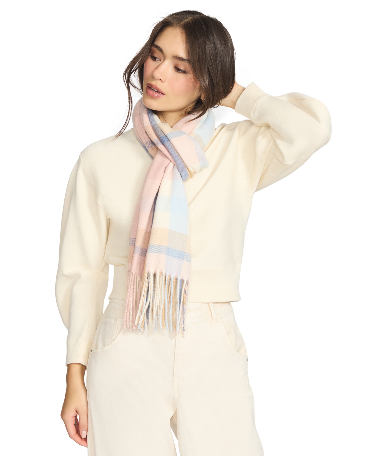 Steve Madden Women's Color Blocked Out Plaid Fringe Scarf In White