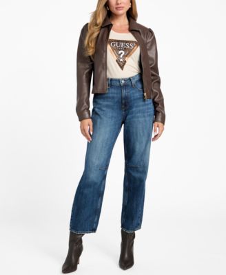 Women's Faux-Leather Zip-Front Bomber Jacket