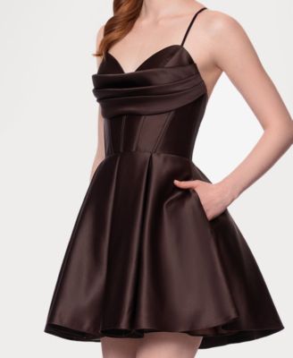 Juniors' Satin Draped-Neck Mini Dress
