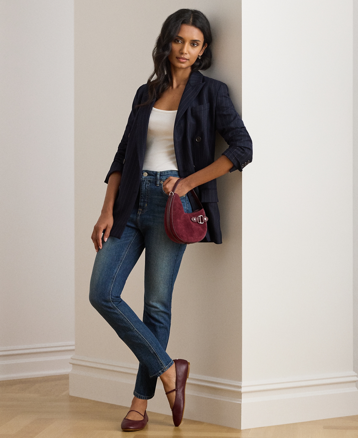 Ralph Lauren Petite High Rise Straight Ankle Jeans In Blue