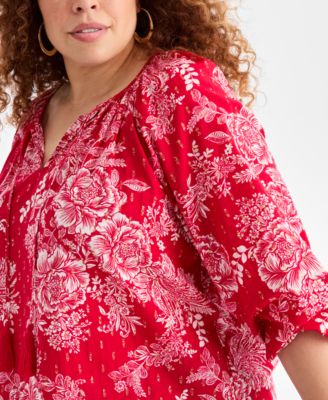 Plus Size V-Neck Printed  Bubble-Sleeve Blouse, Macy's Exclusive 