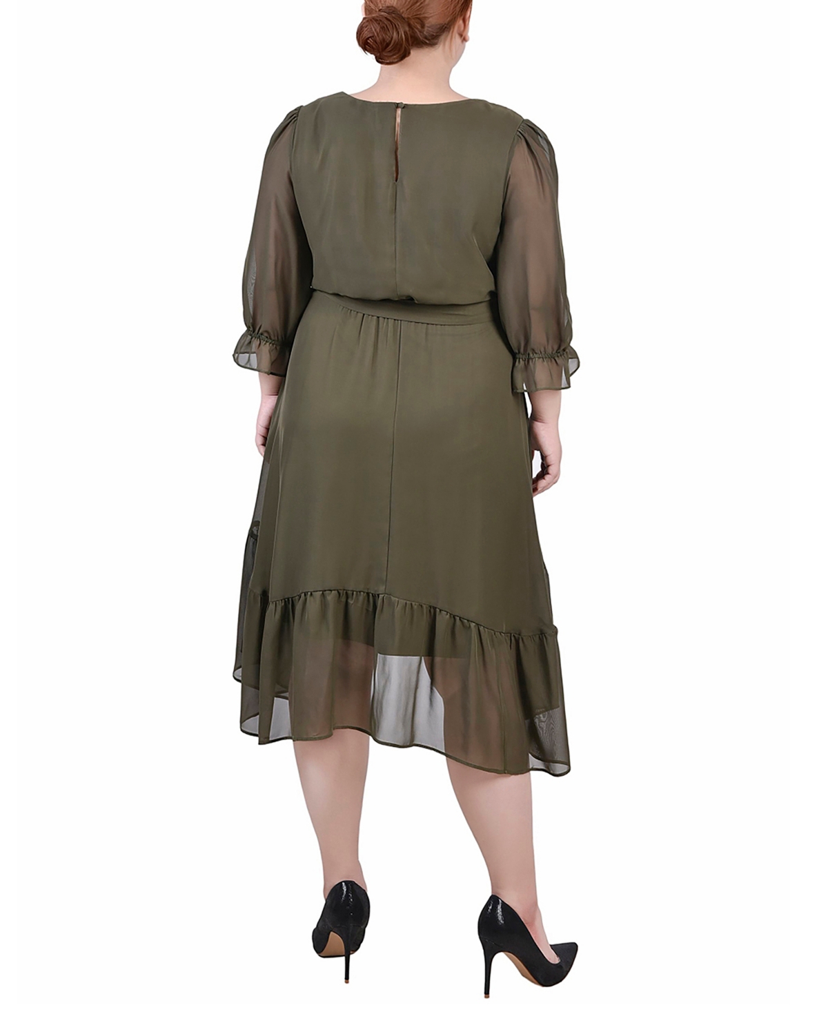 Ny Collection Plus Size 3/4 Sleeve V-neck Flounced Dress In Green