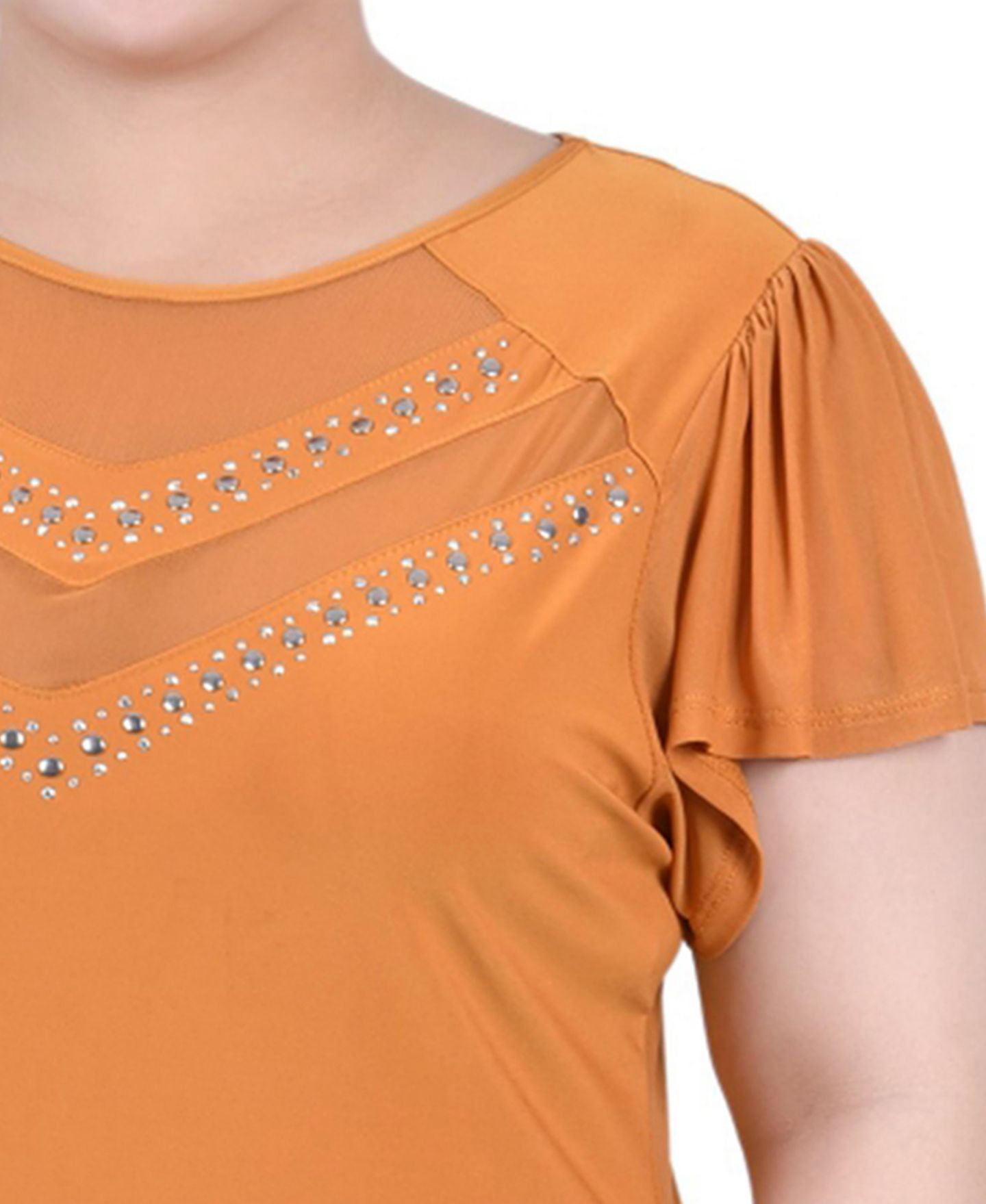 Женский топ NY Collection Plus Size Studded Short Flutter Sleeve, цвет: Золотой — фото 3