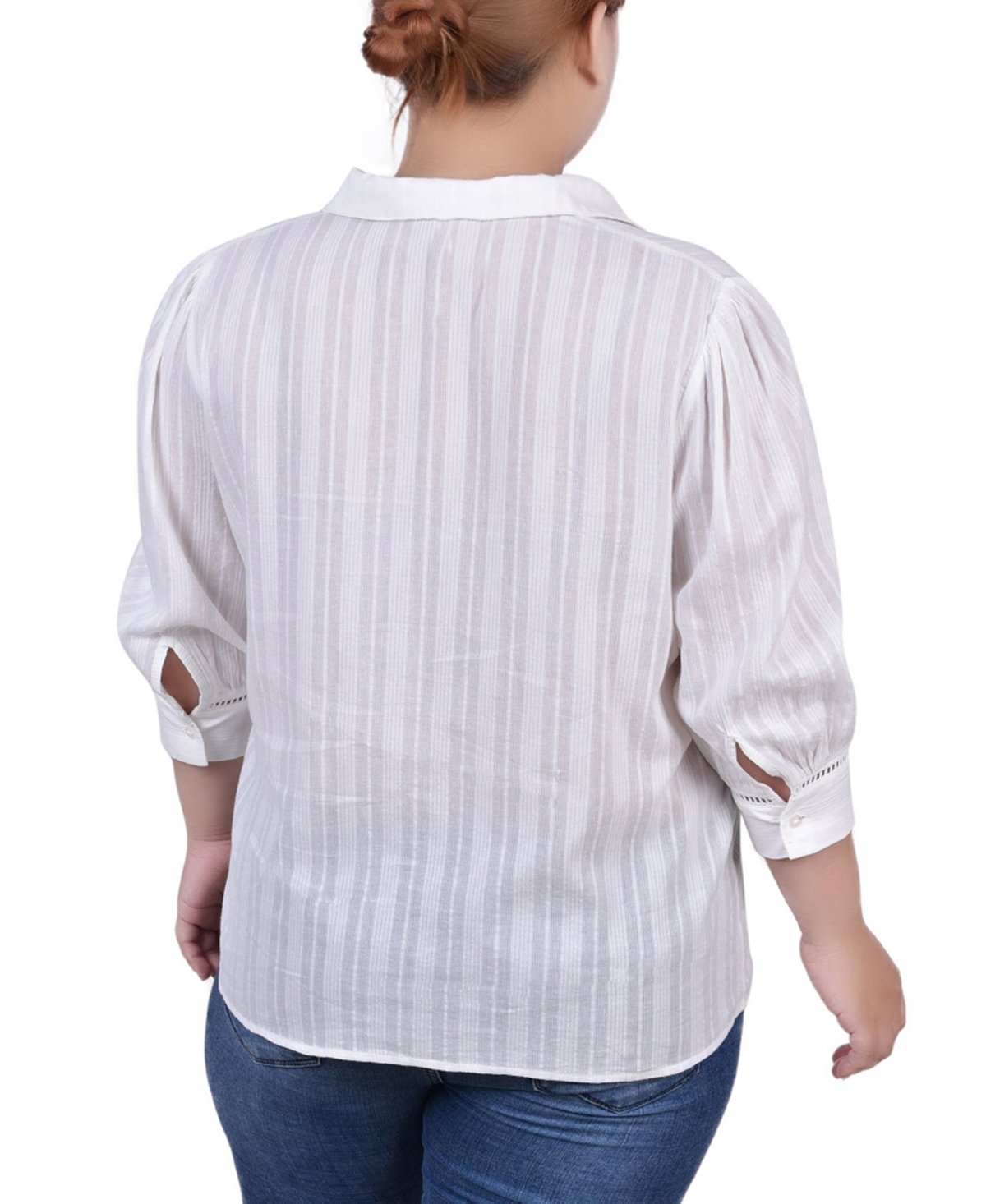 Ny Collection Plus Size 3/4 Puff Sleeve Cotton Jacquard Blouse In White