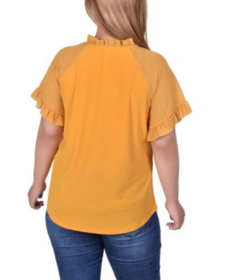 Plus Size Short Ruffled Sleeve Crepe Knit Top with Chiffon Sleeves