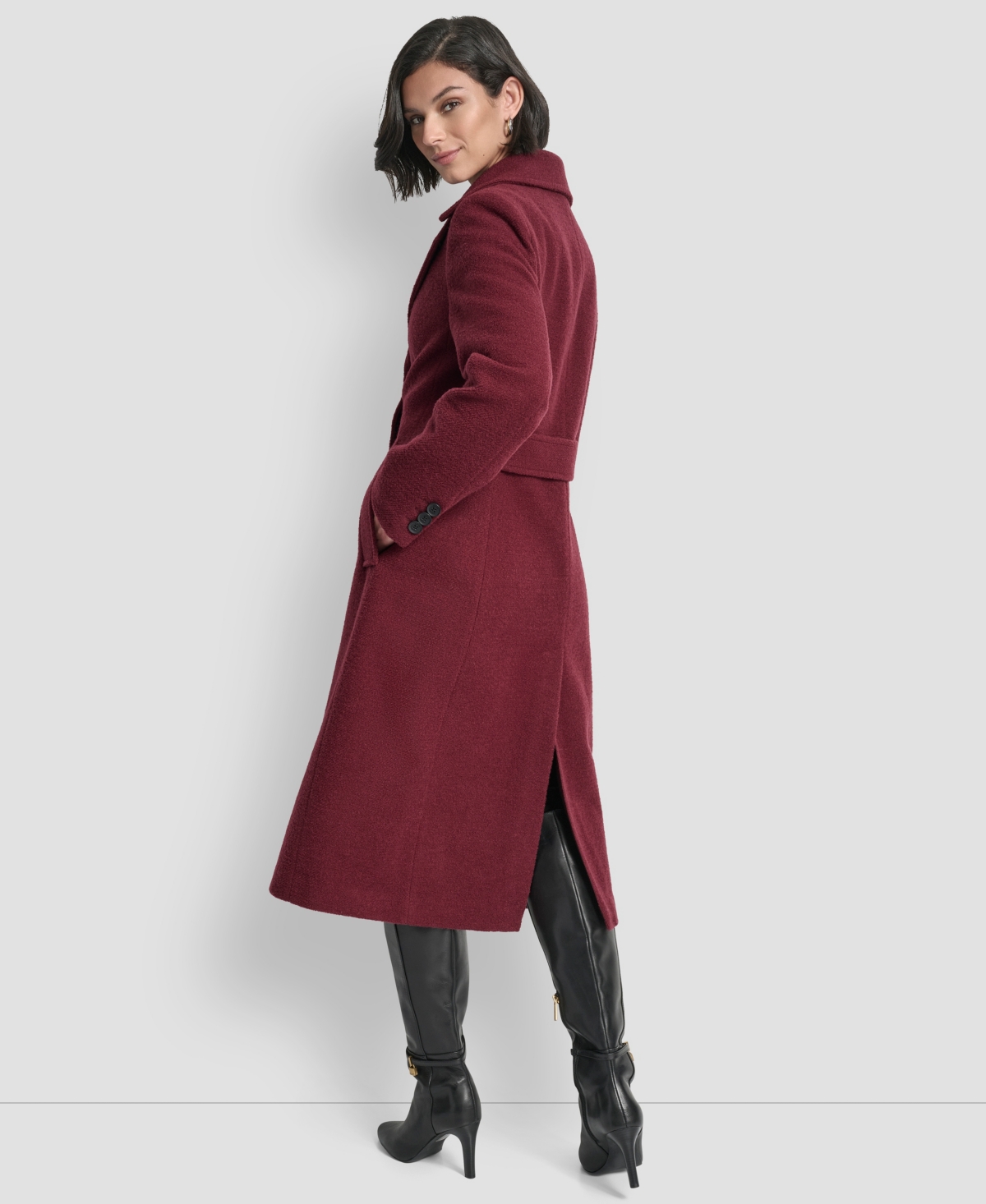 Dkny Women's Maxi Boucle Notch Collar Coat In Burgundy