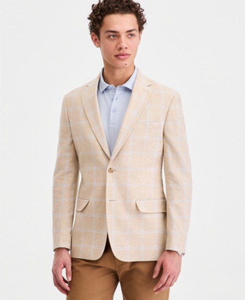 Мужские куртки Tommy Hilfiger Men's Modern-Fit Linen-Blend Windowpane Sport Coat