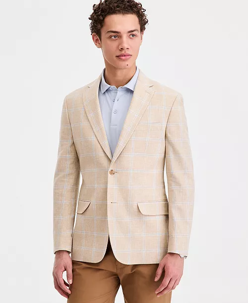 Tommy Hilfiger Men's Modern-Fit Linen-Blend Windowpane Sport Coat 