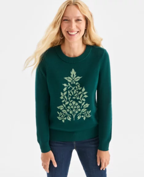 Petite Whimsy Long Sleeve Sweater - Holiday Tree Green