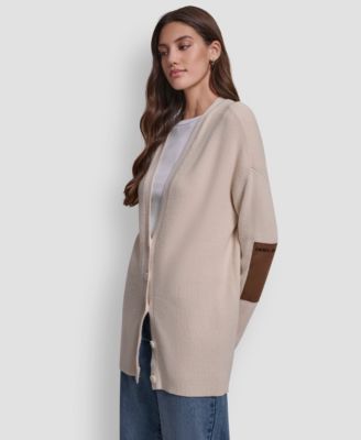 Women's Relaxed V-Neck Shaker Stitch Cardigan With Suede Logo Patch