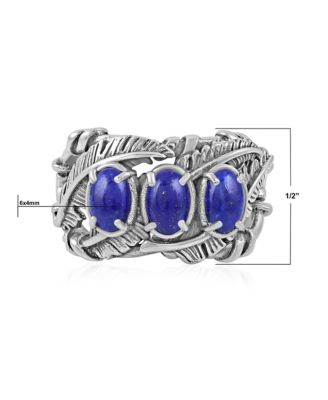 Sterling Silver Lapis Three Stone Feather Ring, Sizes 5 to 11