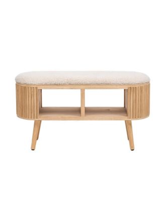 - White Boucl&eacute; and Wood Storage Bench Exotic Boho Entry