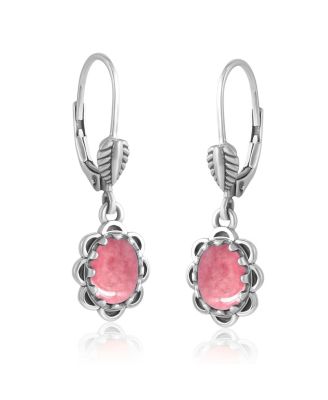 Sterling Silver Rhodonite Concha Lever Back Dangle Earrings