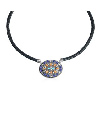Sterling Silver Multi-Gemstone Oval Pendant Black Leather Necklace, 17 to 20 Inches