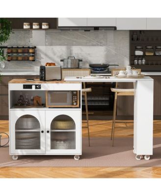 33.2"W x 15.75"D x 34.3"H, Rolling Kitchen Island with Extendable Table, LED Lights, Outlet, Fluted Glass Doors & Shelves-Maison Boucle