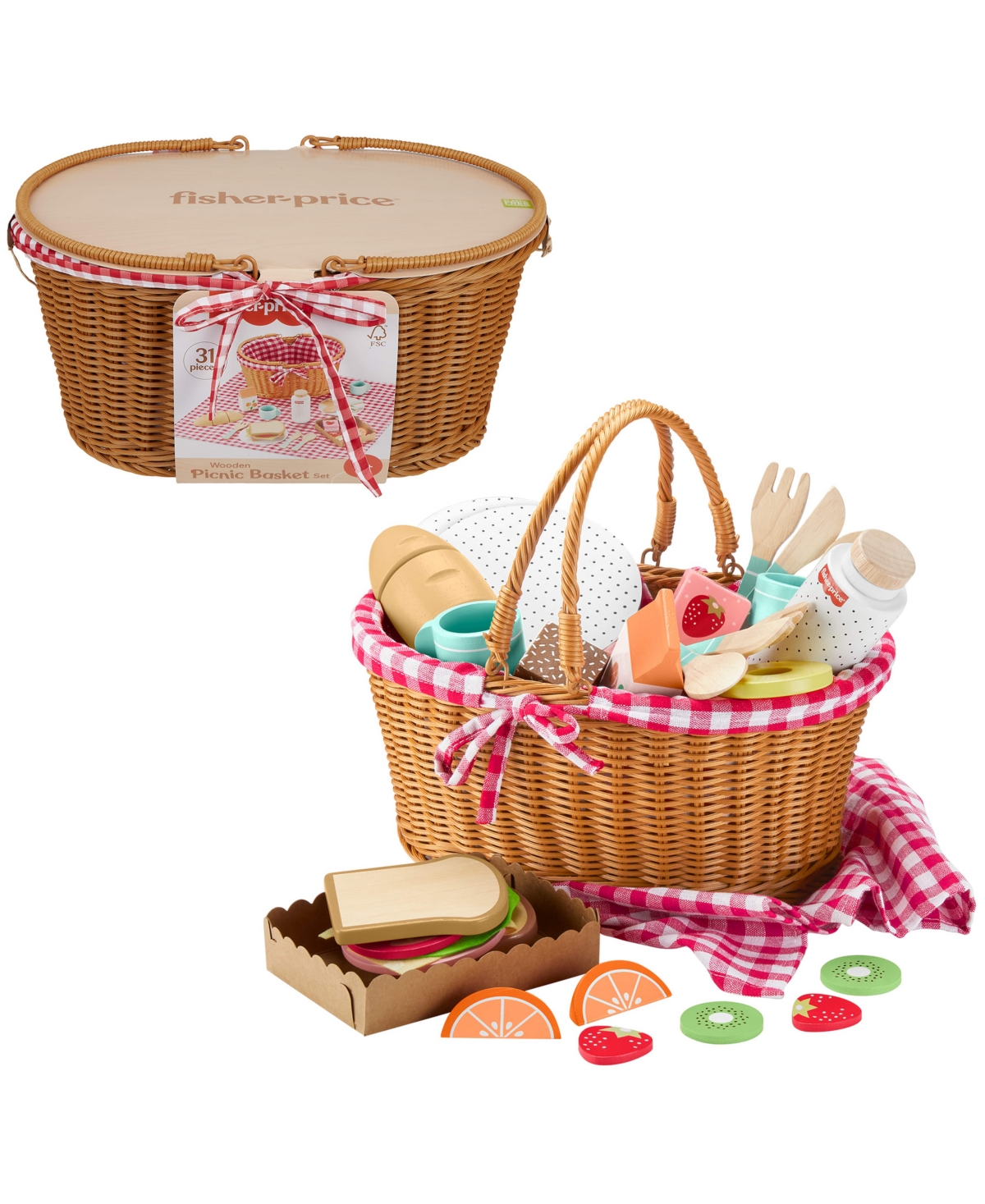 Fisher Price Wooden Picnic Basket And Food Pretend Play Set, 31 Wood Pieces In Brown