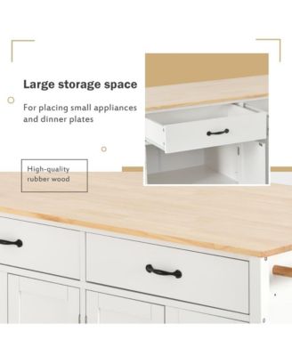 54.3" Wide Solid Wood, MDF 4-Door Cabinet, 2 Drawers, Spice Rack, Towel Bar, Locking Wheels Kitchen Island Cart