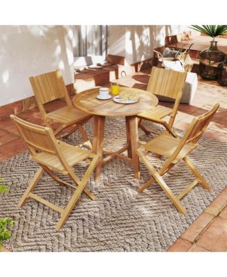4 PCS Folding Patio Chairs with Inclined Backrest Teak Wood Outdoor Dining Chairs