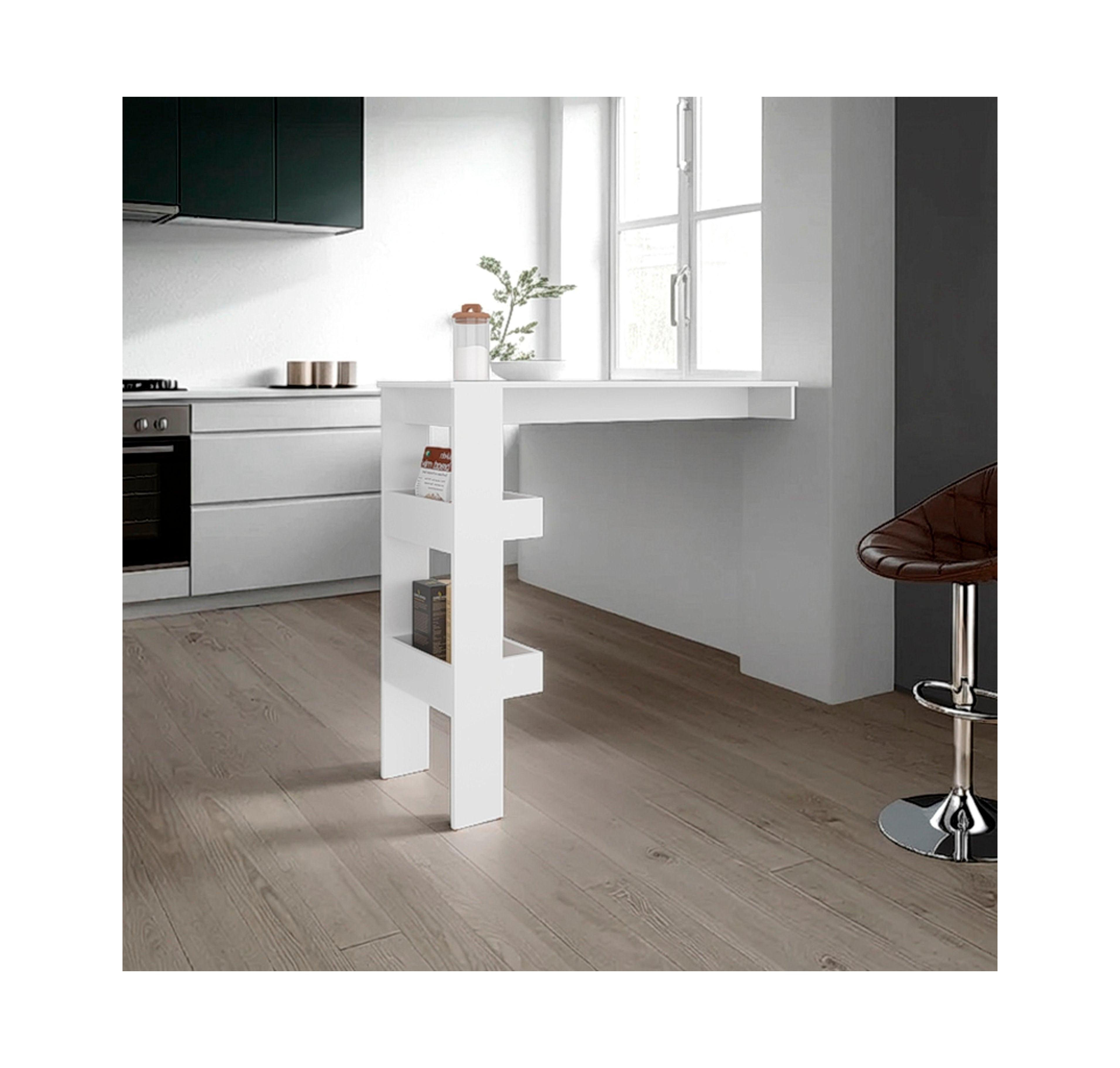 Fm Furniture Drysdale Bar Table, Three Open Side Shelves, Modern Design for Kitchen or Dining Area, White