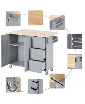 52.7" Rolling Kitchen Island with Drop Leaf, Solid Wood Top, Storage Cabinet & Drawers, Mobile Kitchen Cart