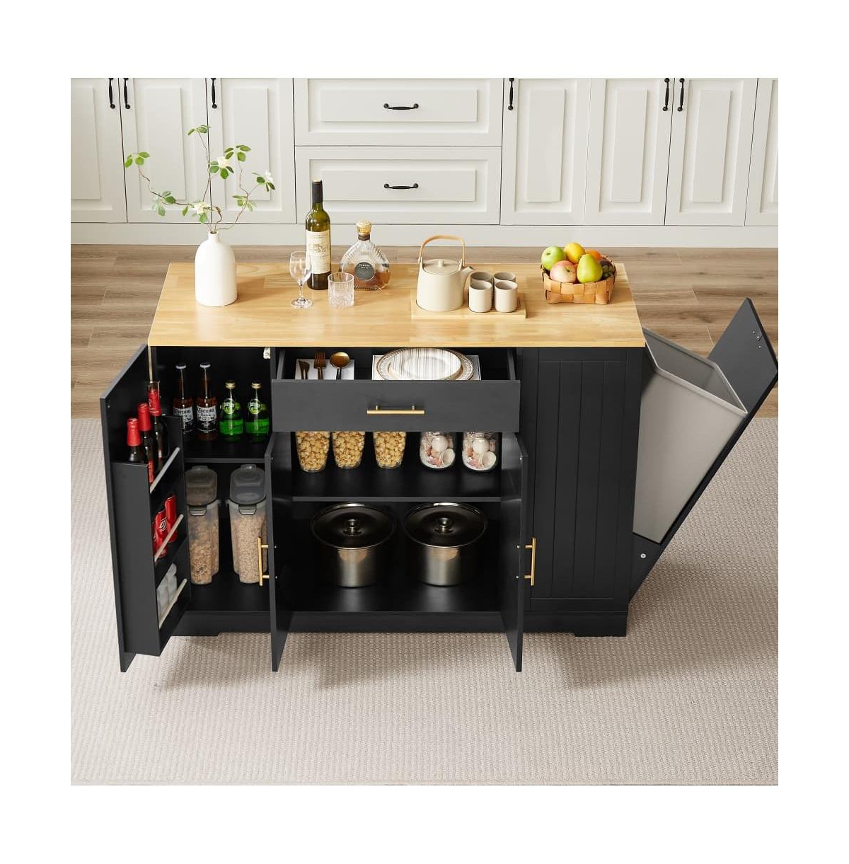 Maison Boucle 53.2" White Kitchen Island with Drawer, Cabinets, Spice Rack & Hidden Trash Can Storage, Modern Farmhouse Style-Maison