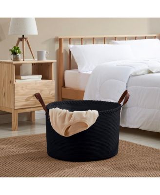 21&amp;quot; Large Round Cotton Rope Storage Basket Laundry Hamper with Faux Leather Handles