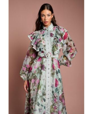 Women's Long Sleeve Printed Organza Shirt Dress