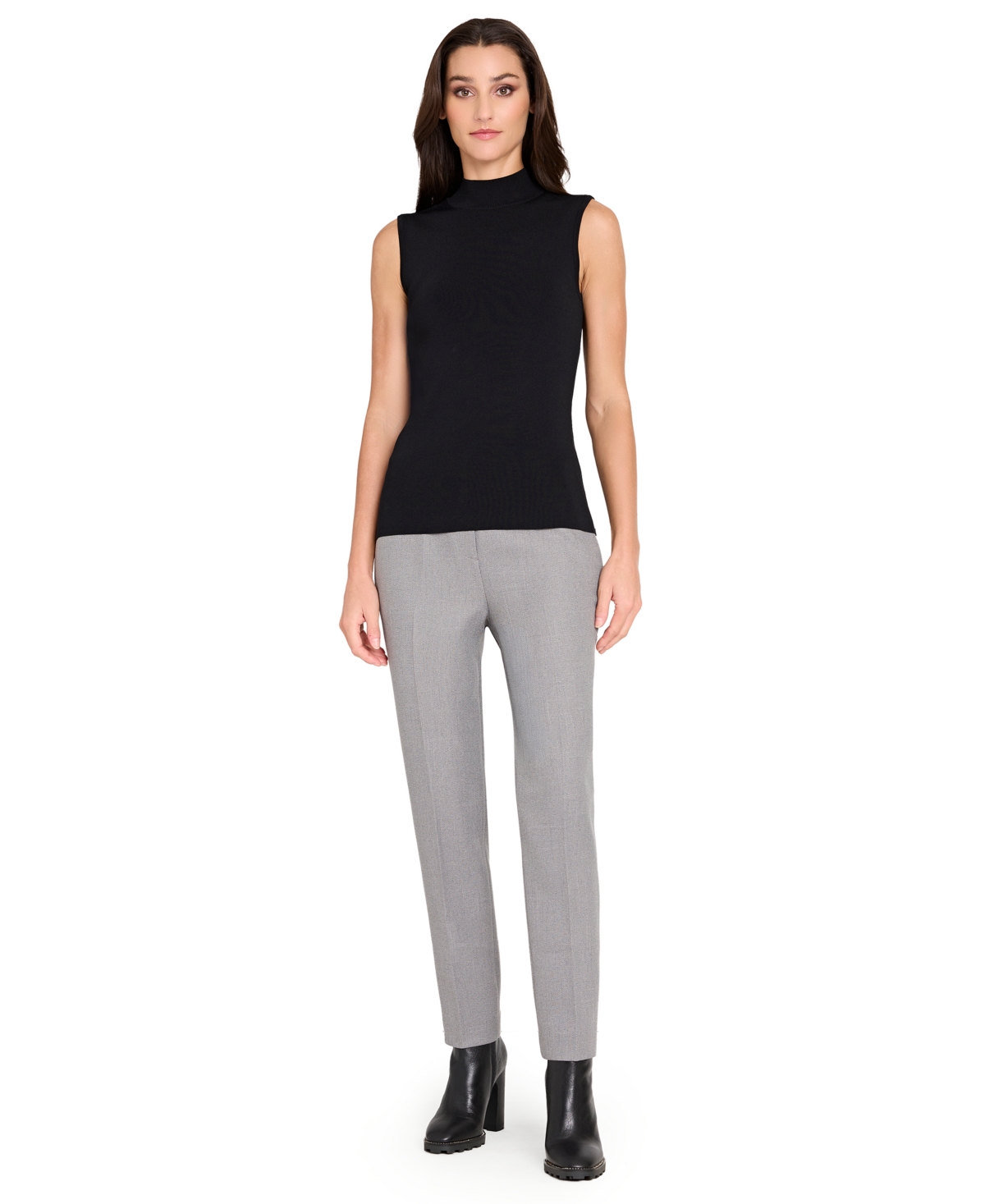 Tahari Asl Petite Herringbone Mid Rise Pants In Gray