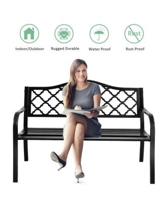 50'' Patio Garden Bench Loveseats Park Yard Furniture Decor Cast Iron Frame