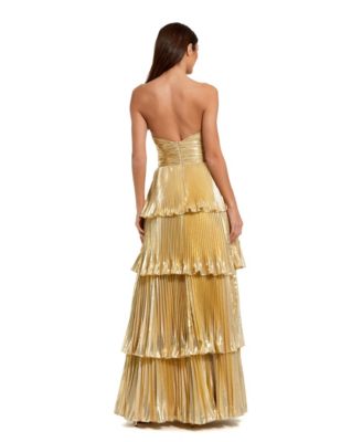 Women's Strapless Pleated Metallic Layered High Low Gown