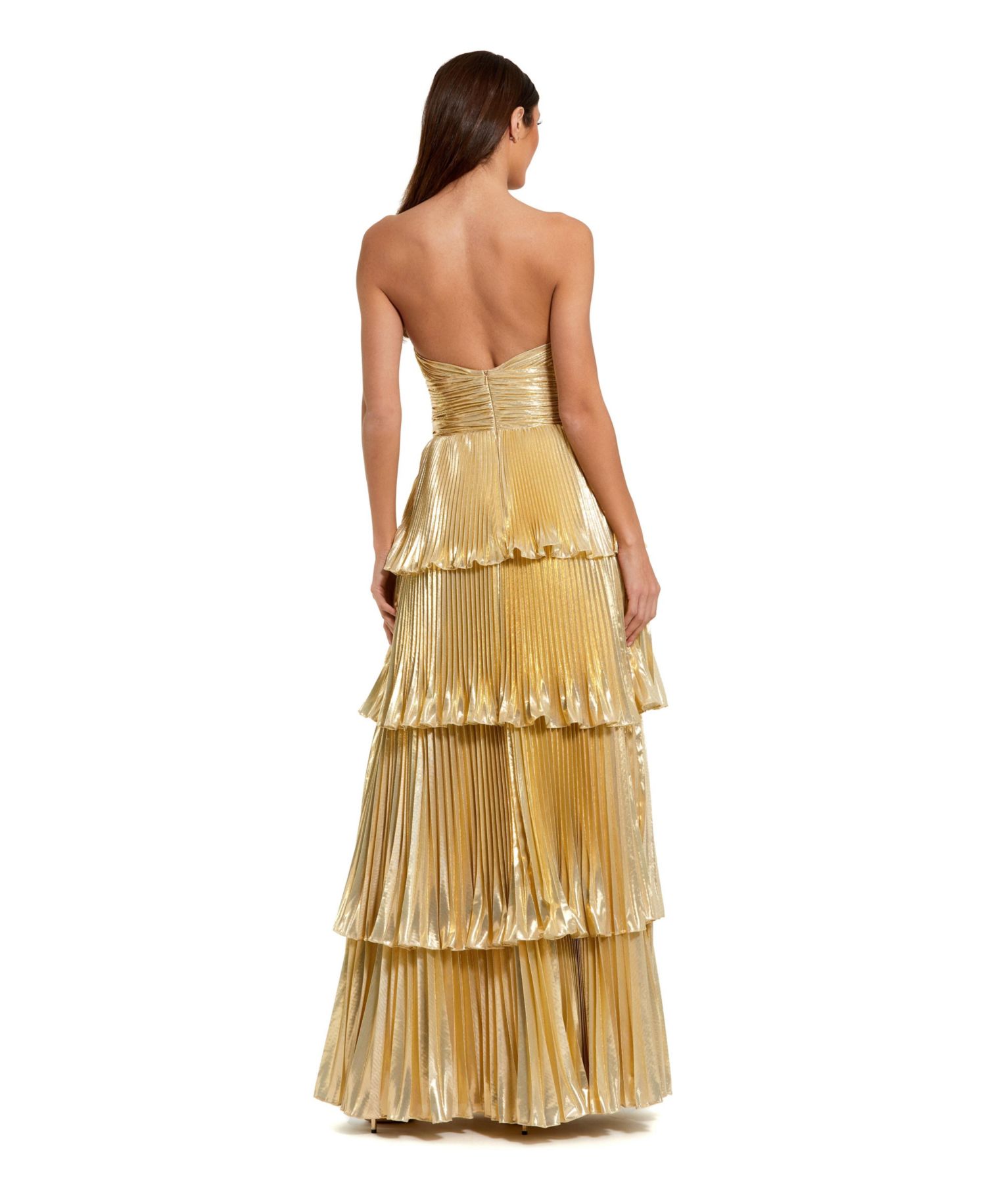 Women's Strapless Pleated Metallic Layered High Low Gown