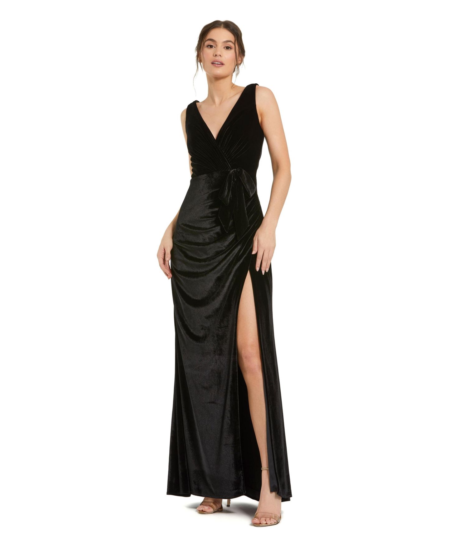 Женское платье Mac Duggal Deep V High Slit Draped Velvet Fitted Gown, цвет: Чёрный — фото 1