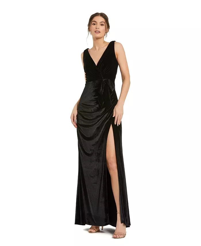 Women's Deep V High Slit Draped Velvet Fitted Gown