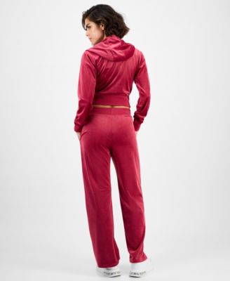 Guess Womens Couture Cropped Velour Hoodie Couture Short Sleeve T Shirt Straight Leg Velour Pants In Red