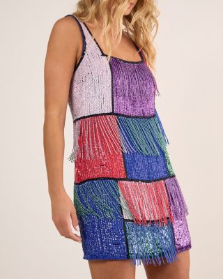Women's Check Tassel Sequin Mini Dress