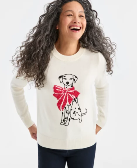 Petite Whimsy Printed Pull-On Sweater - Dalmation Vanilla