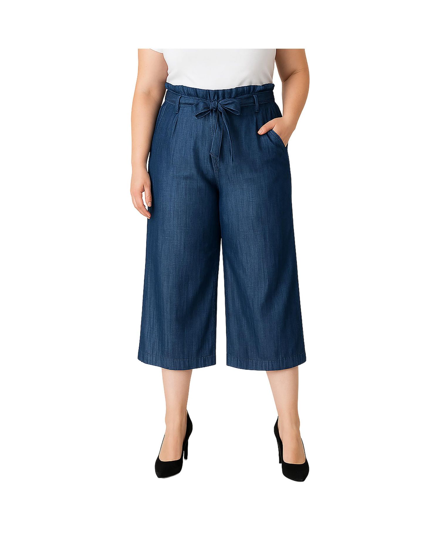 Plus Size Paper Bag Waist Tencel Wide Leg Cropped Pants