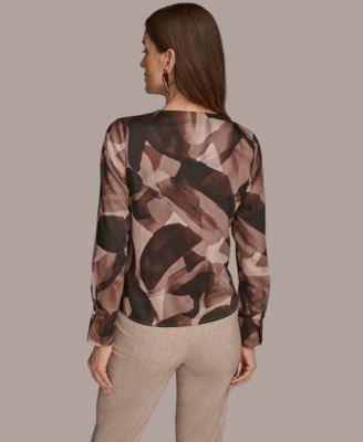 Petite Printed Satin Long Sleeve Wrap Top