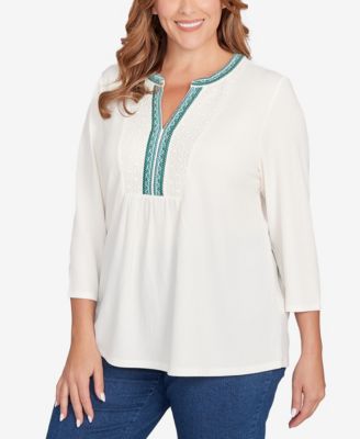 Plus Size Embellished Textured Split Neck Top