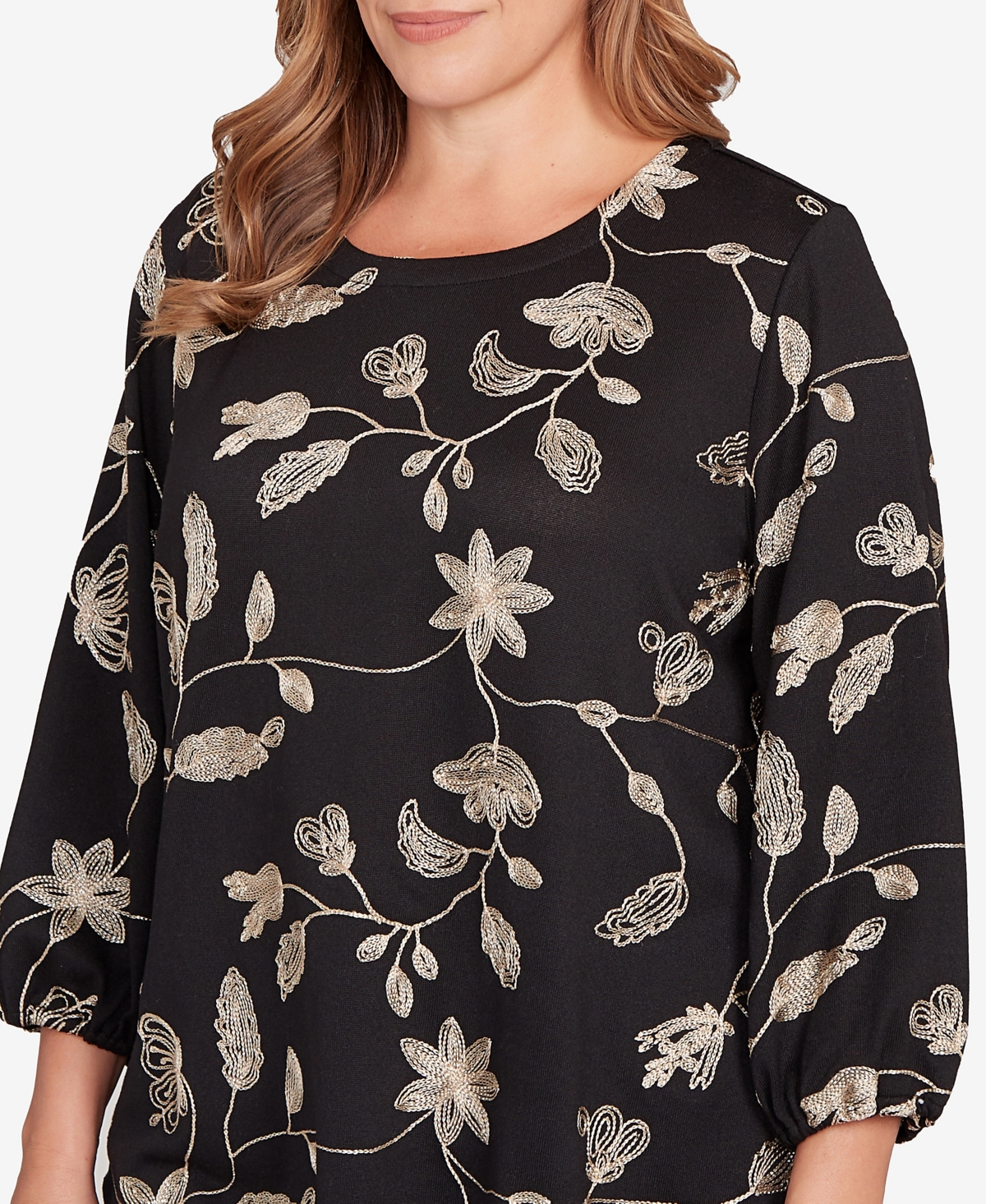 Ruby Rd. Plus Size Metallic Embroidered Floral Top In Black