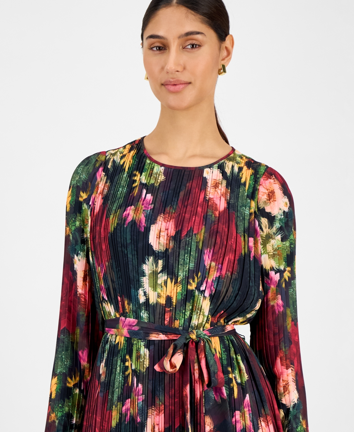 T Tahari Women's Floral-print Pleated Midi Dress In Brown