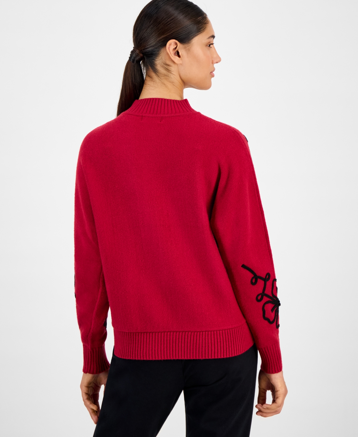 T Tahari Women's Mock Neck Floral Embroidered Sweater In Red