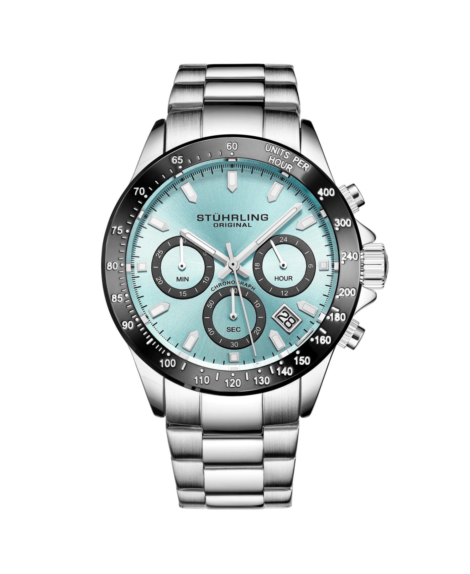 3960 Men's Chronograph Watch Quartz Japan VR32 Ice Blue Dial Black Tachymeter Bezel Silver Tone Case Stainless Steel Bracelet Date Window