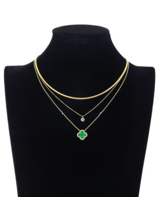 Malachite Clover and Cubic Zirconia Bezel Layered Necklace Set