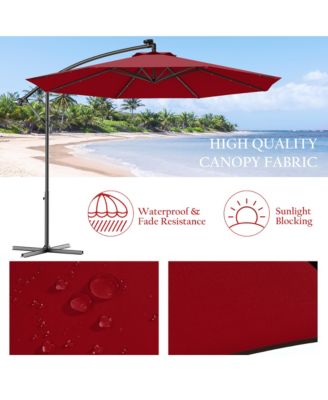 10' Hanging Solar LED Umbrella Patio Sun Shade Offset Market W/Base