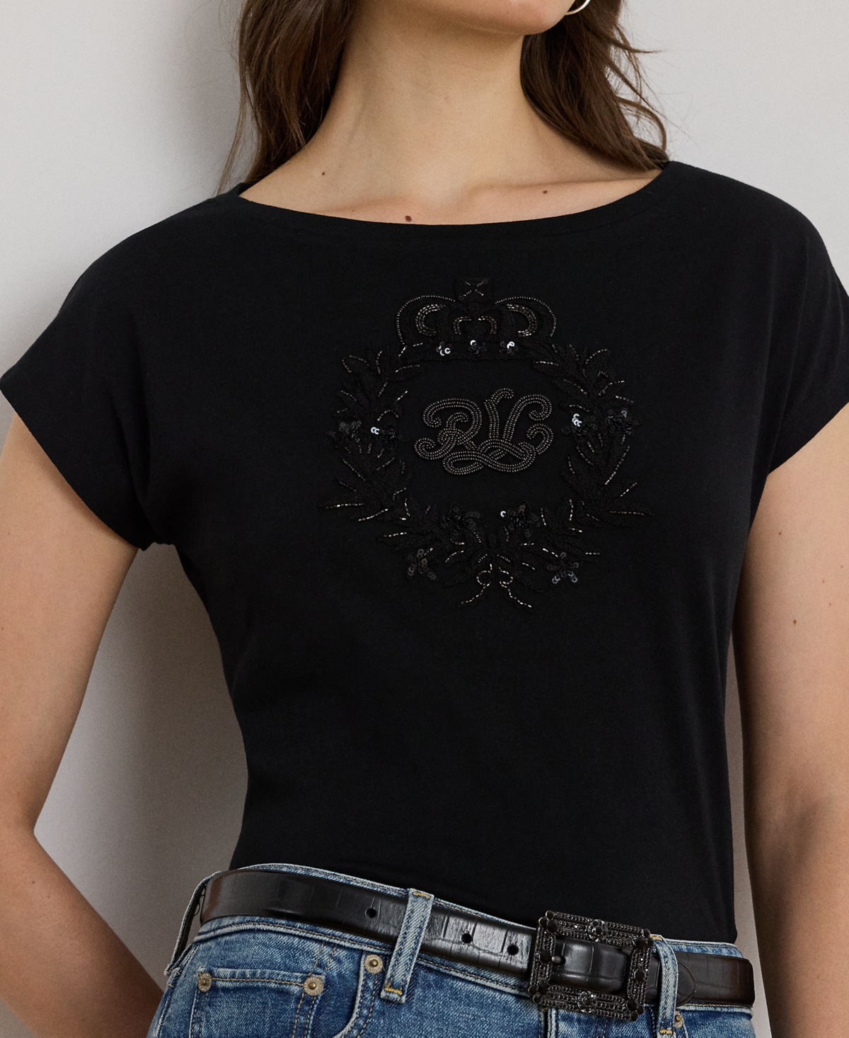 Ralph Lauren Petite Sequin Crest Jersey T-shirt In Black